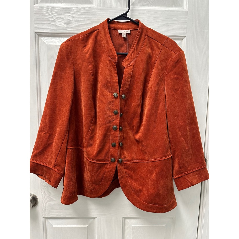 Roz & Ali Womens 2X Burnt Orange Faux Suede Hook Eye Jacket 3/4 Sleeve Peplum